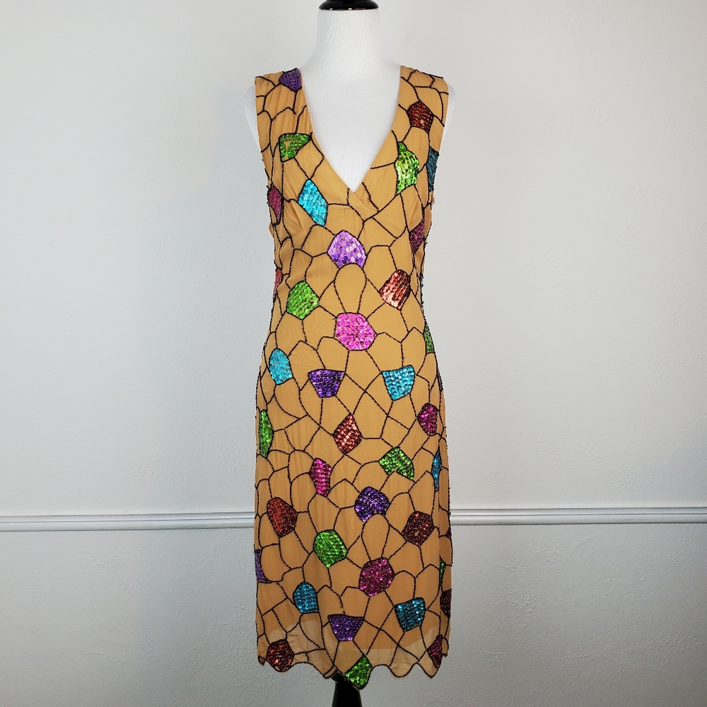 Sheri Bodell Dress Silk Sequins Beaded New Years Holiday Party Glam Shimmer